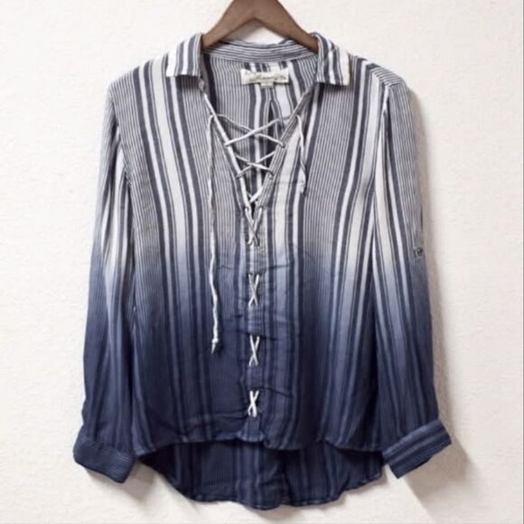 Vintage Havana Shirt White Blue 3/4 Sleeve Button Up Tie Front Notched Collar‎ S - Picture 1 of 13